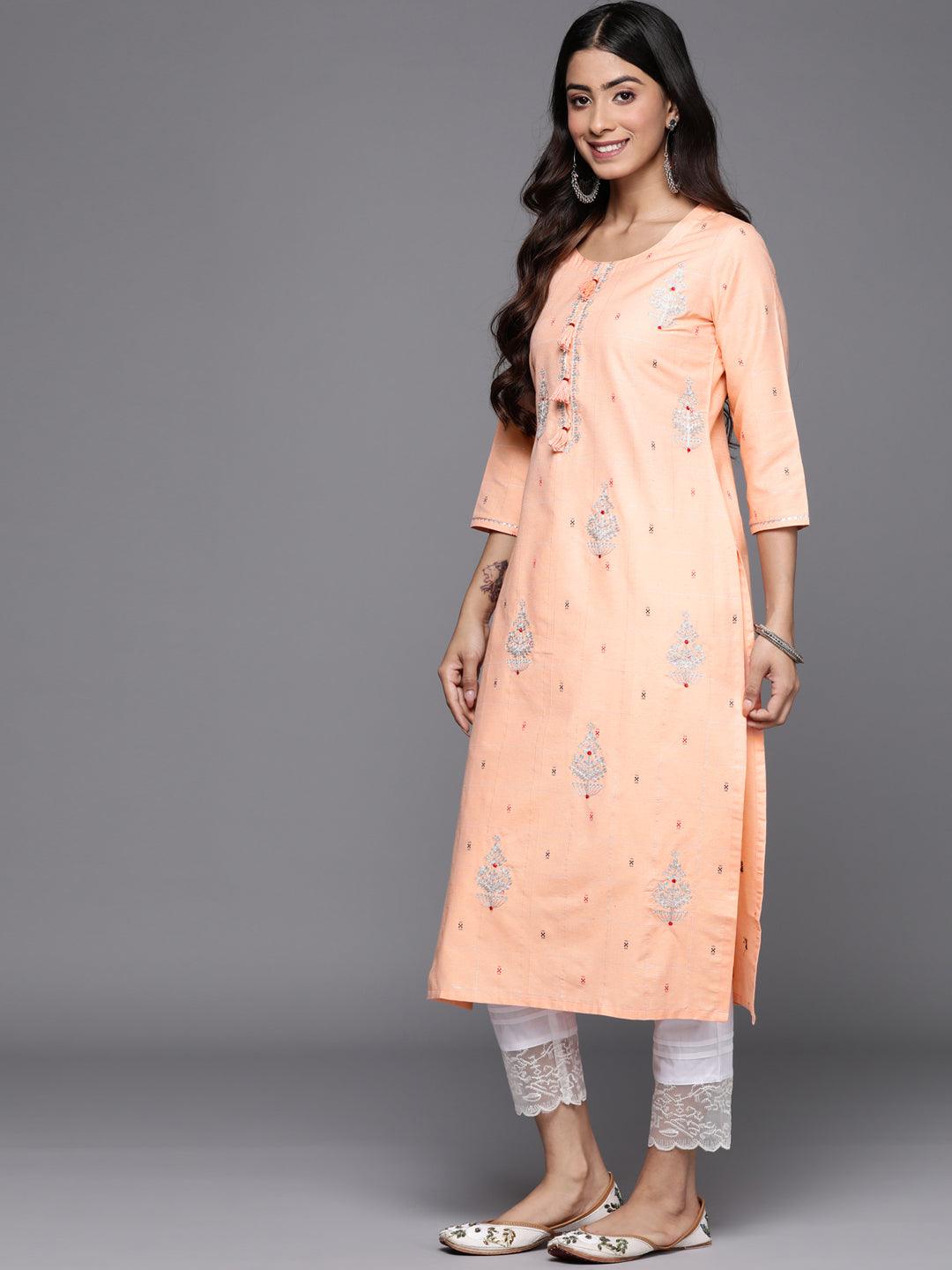 Peach Embellished Cotton Straight Kurta - Libas