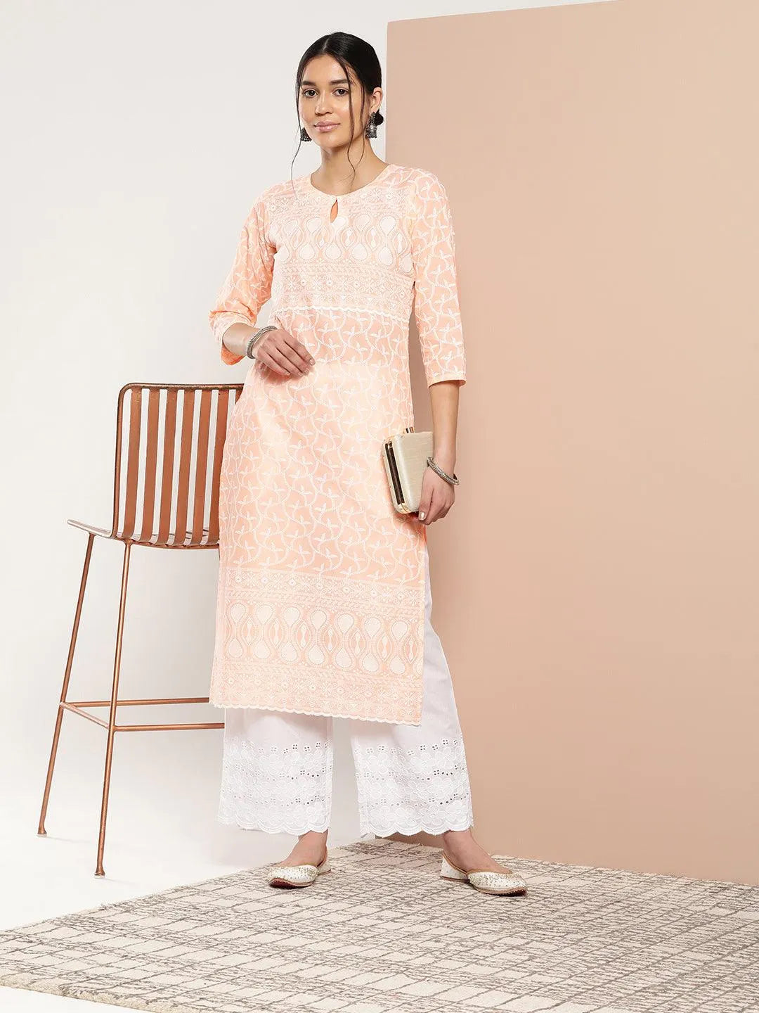 Peach Embroidered Cotton Straight Kurta - Libas