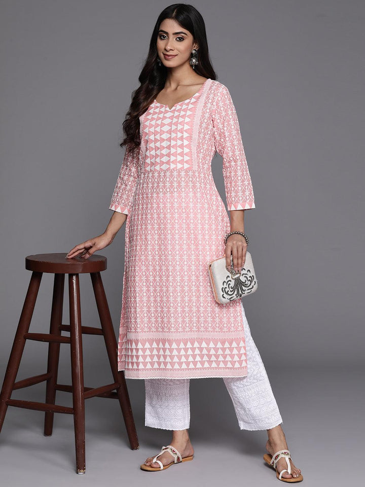 Peach Embroidered Cotton Straight Kurta - Libas