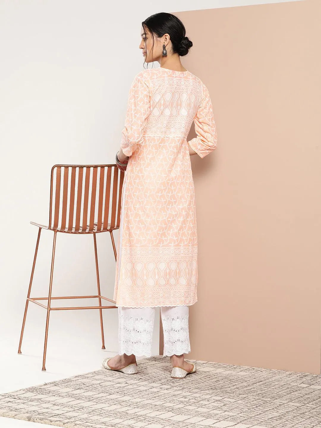 Peach Embroidered Cotton Straight Kurta - Libas 