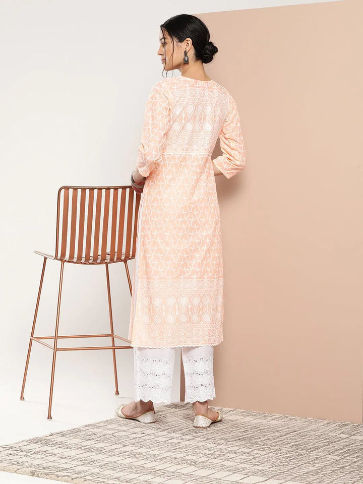 Peach Embroidered Cotton Straight Kurta - Libas