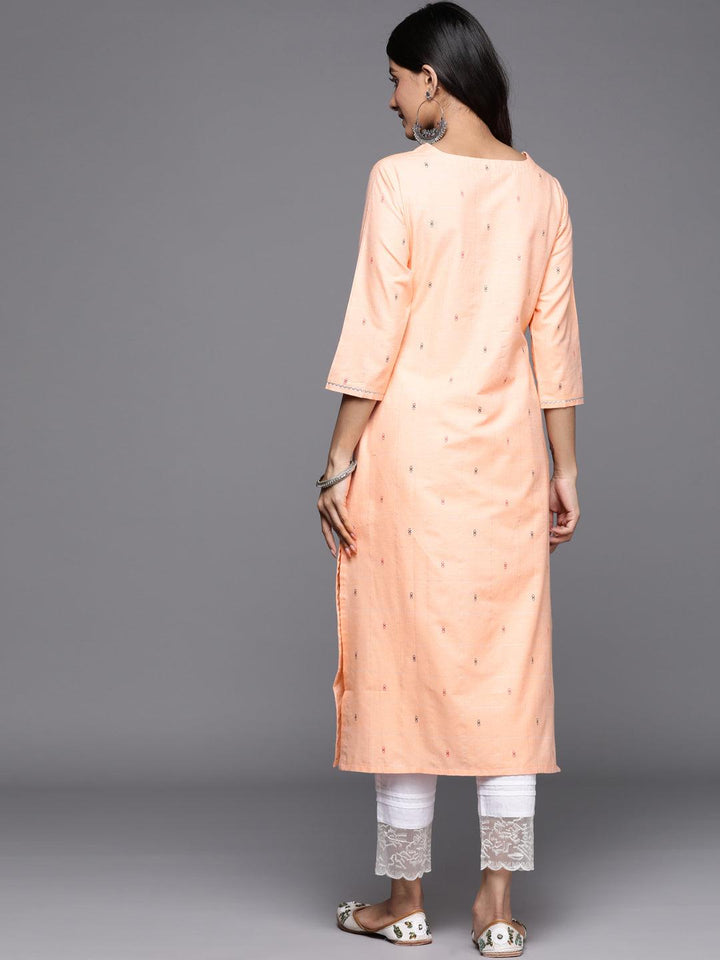 Peach Embellished Cotton Straight Kurta - Libas