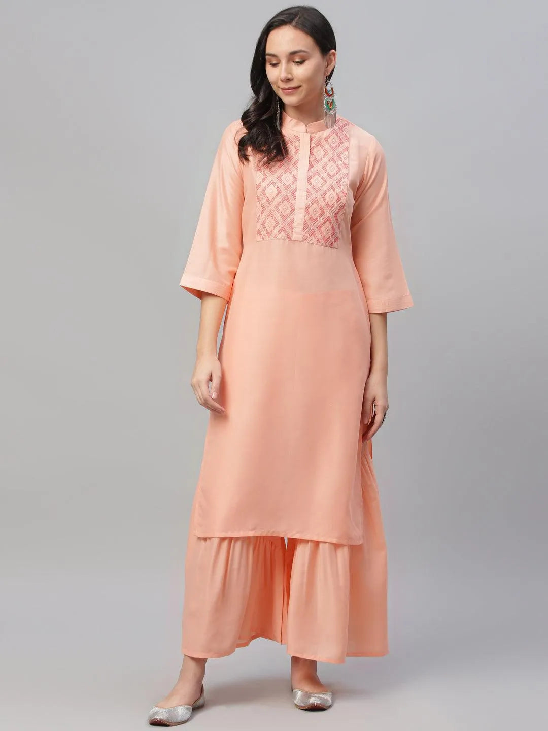 Peach Embroidered Crepe Kurta - Libas 