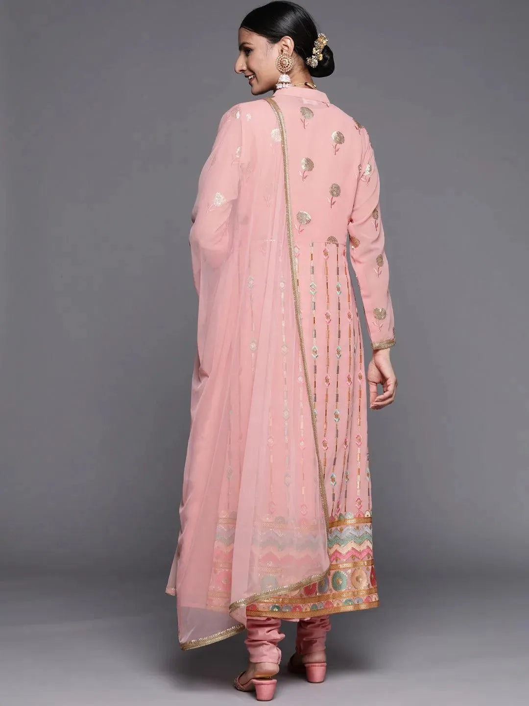 

Peach Embroidered Georgette A-Line Kurta With Churidar & Dupatta