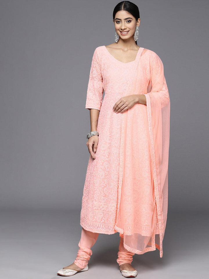 Peach Embroidered Georgette Anarkali Kurta With Churidar & Dupatta - Libas