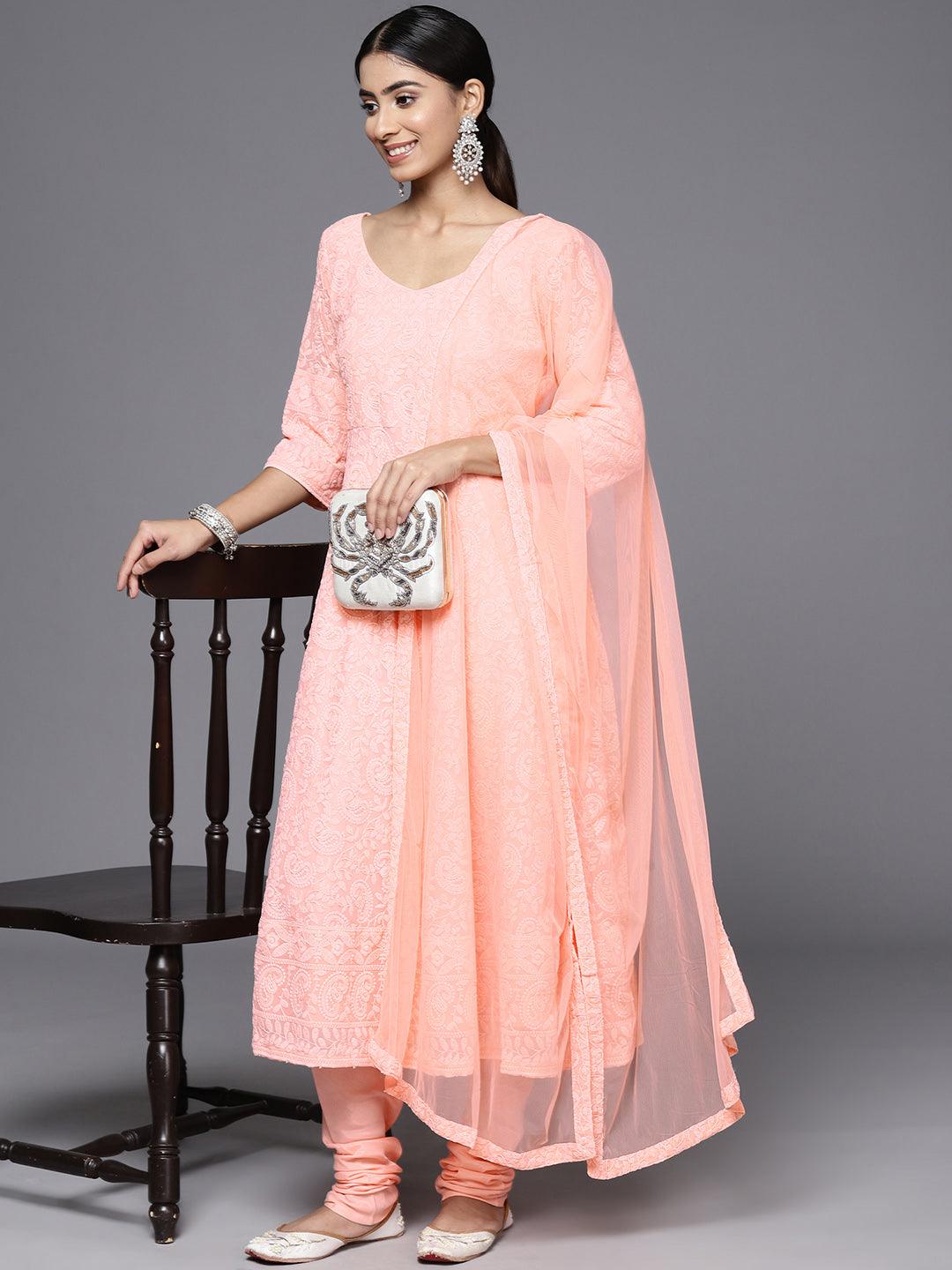 Peach Embroidered Georgette Anarkali Kurta With Churidar & Dupatta - Libas