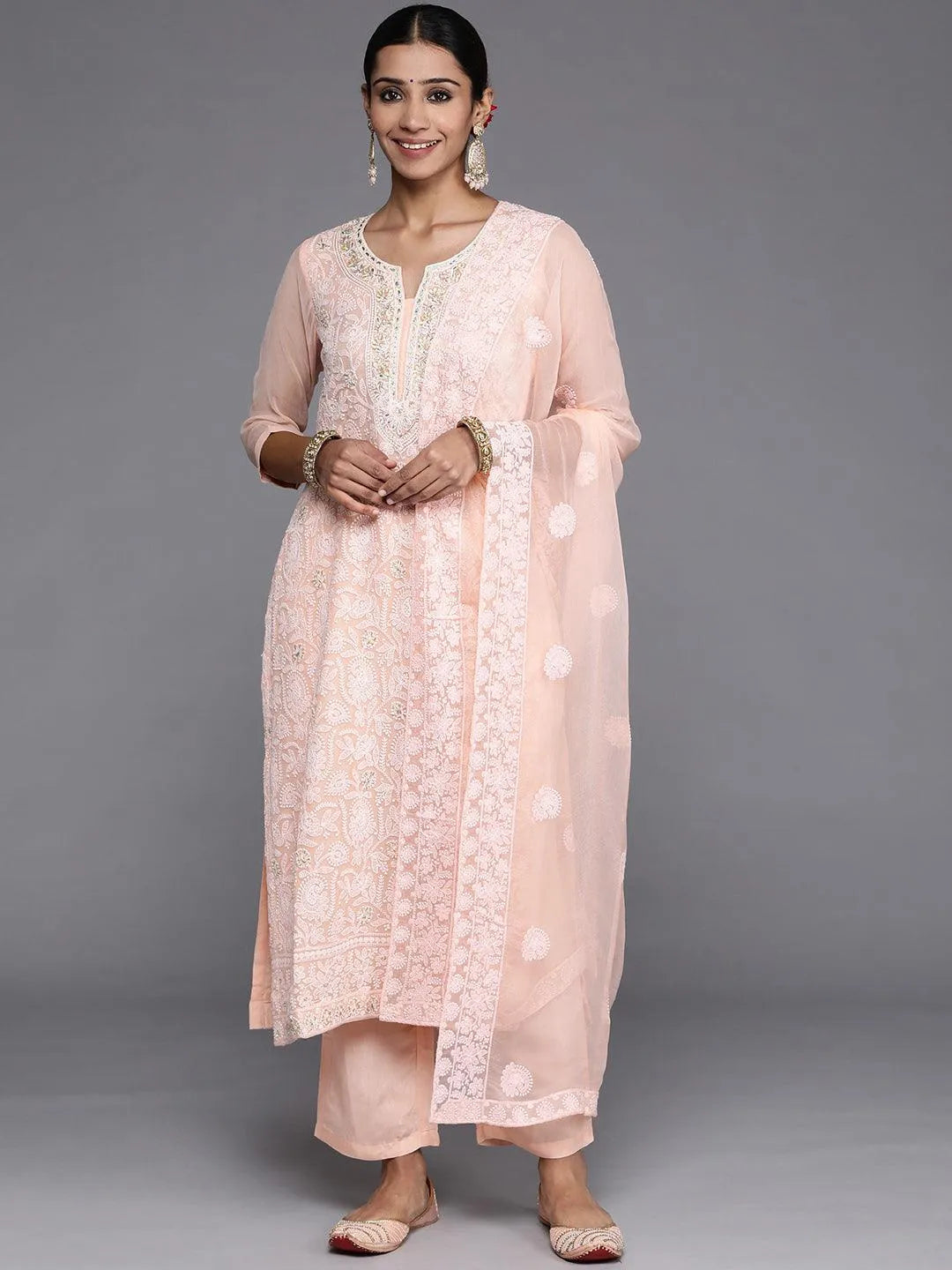 Peach Embroidered Poly Georgette Straight Suit Set - Libas