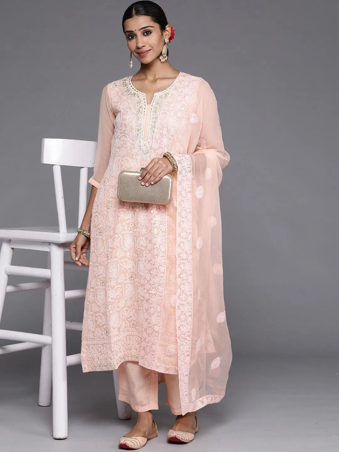 Peach Embroidered Poly Georgette Straight Suit Set - Libas