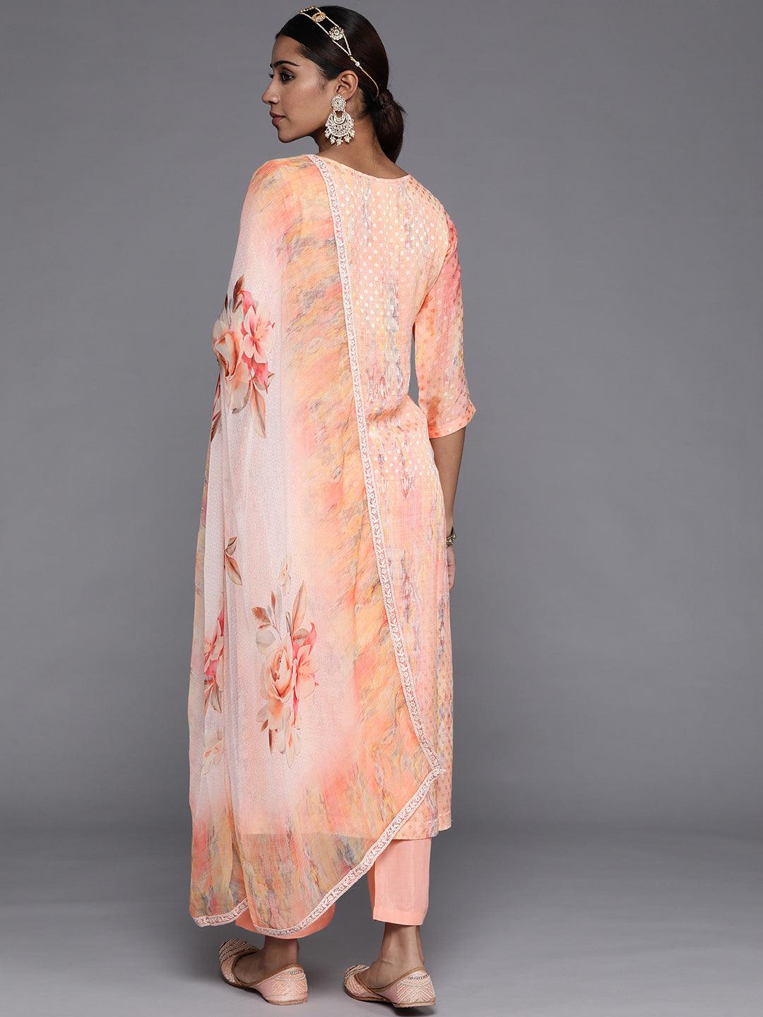 Peach Embroidered Georgette Straight Kurta With Trousers & Dupatta