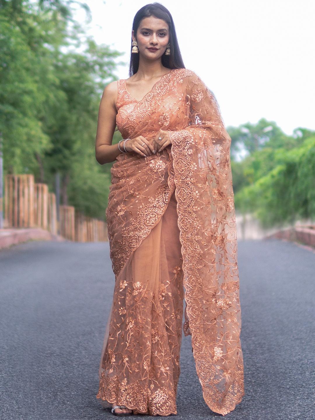 Peach Embroidered Net Saree - Libas 