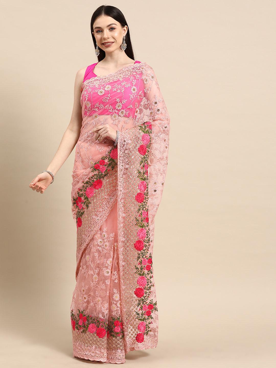 Peach Embroidered Net Saree - Libas