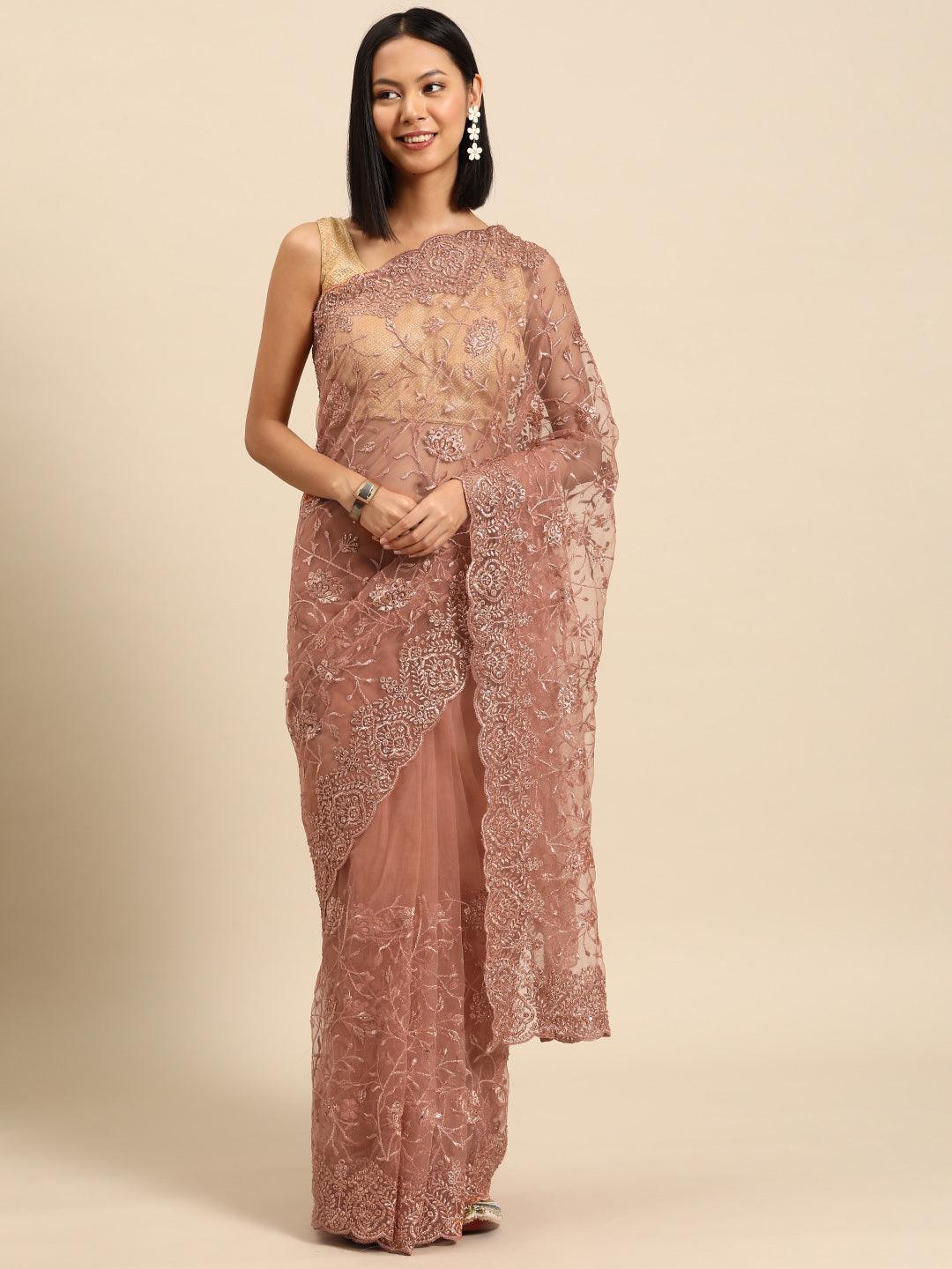 Peach Embroidered Net Saree - Libas 