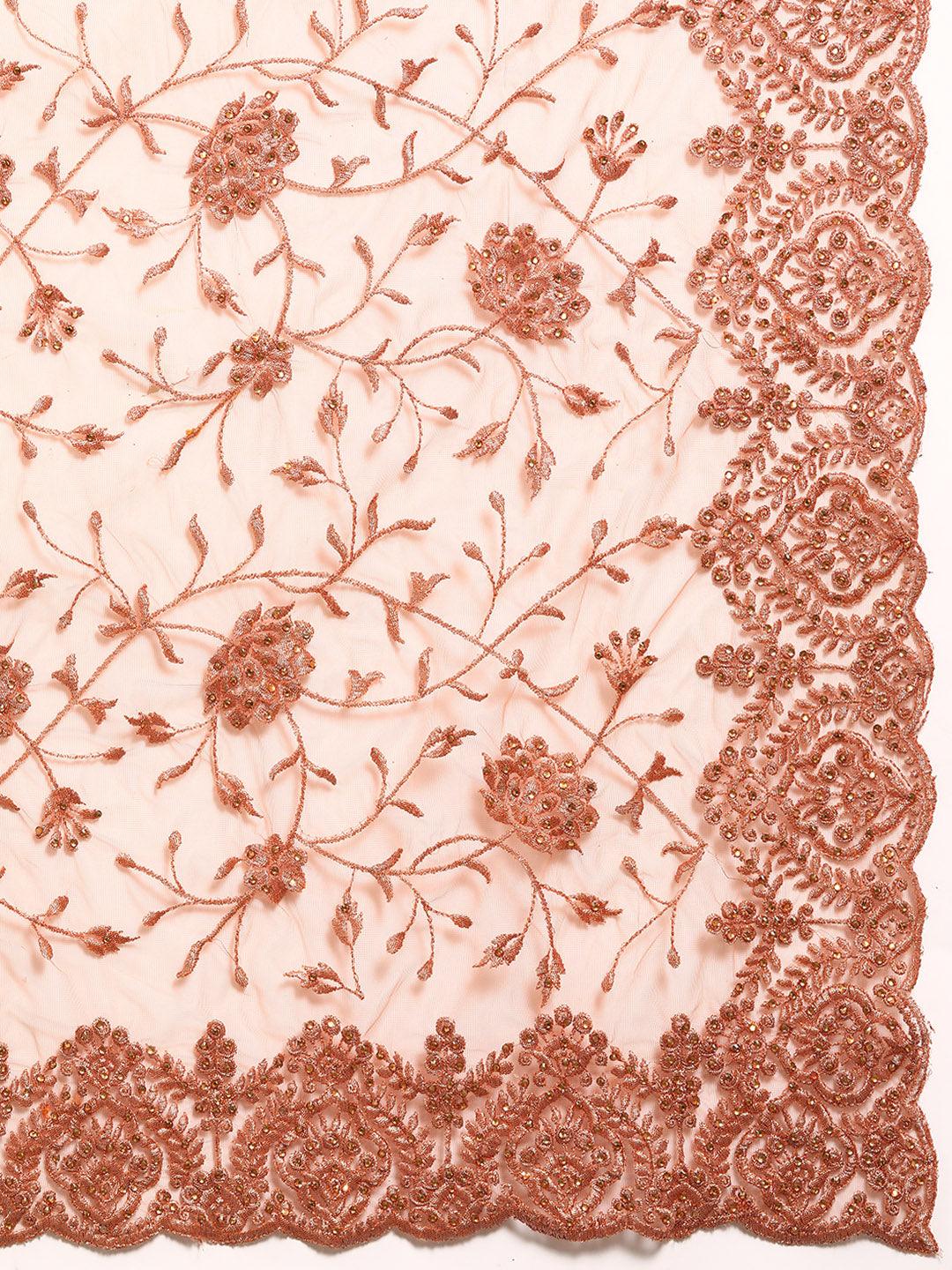 Peach Embroidered Net Saree - Libas 