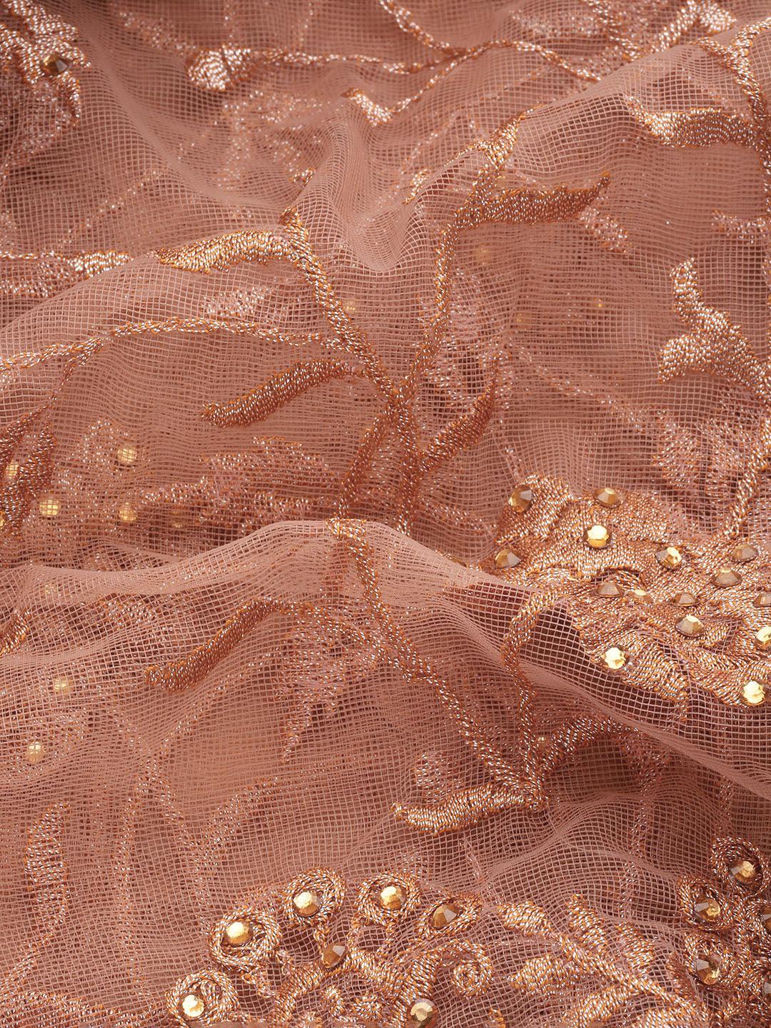 Peach Embroidered Net Saree - Libas 