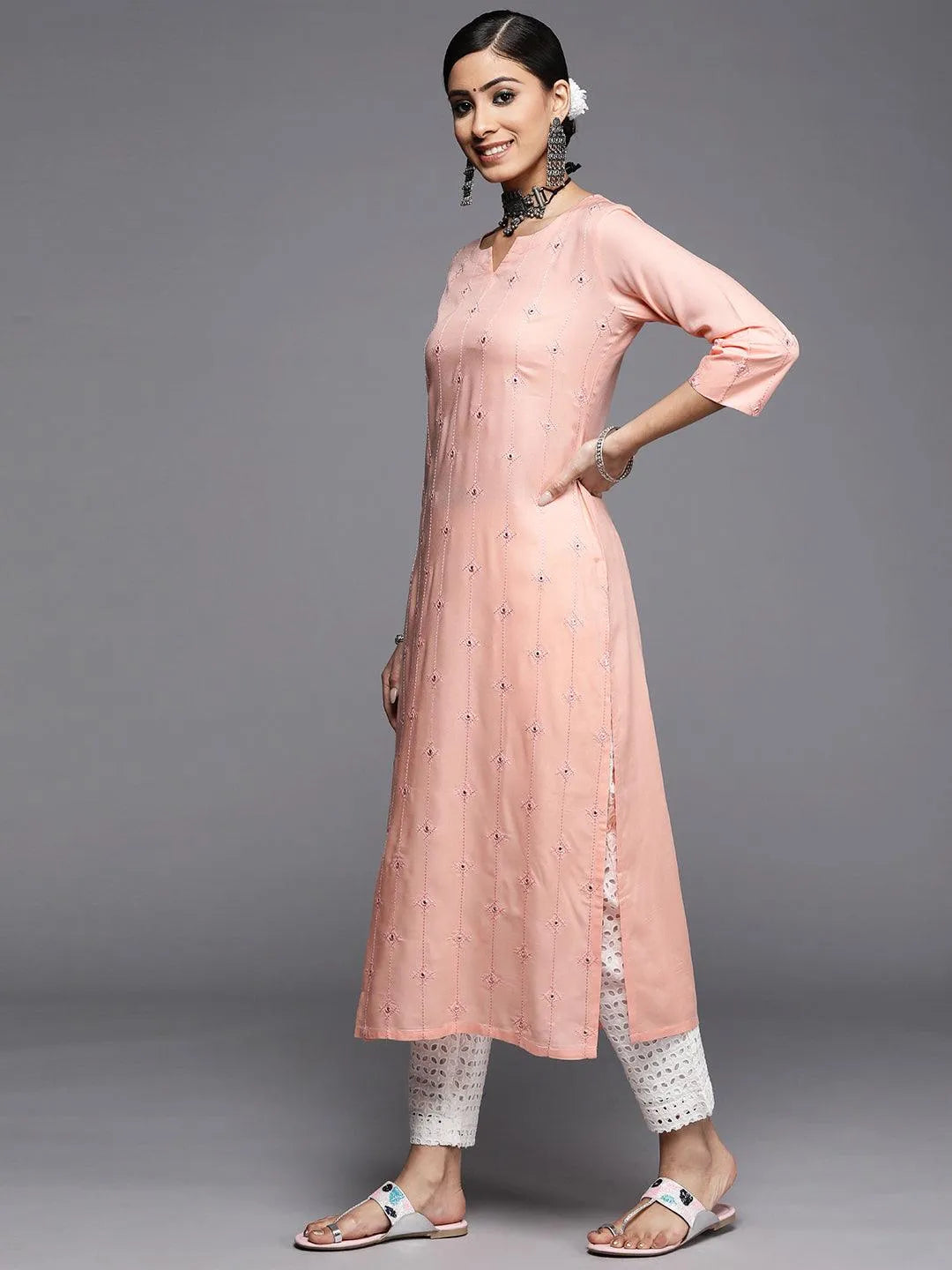 Peach Embroidered Rayon Kurta - Libas