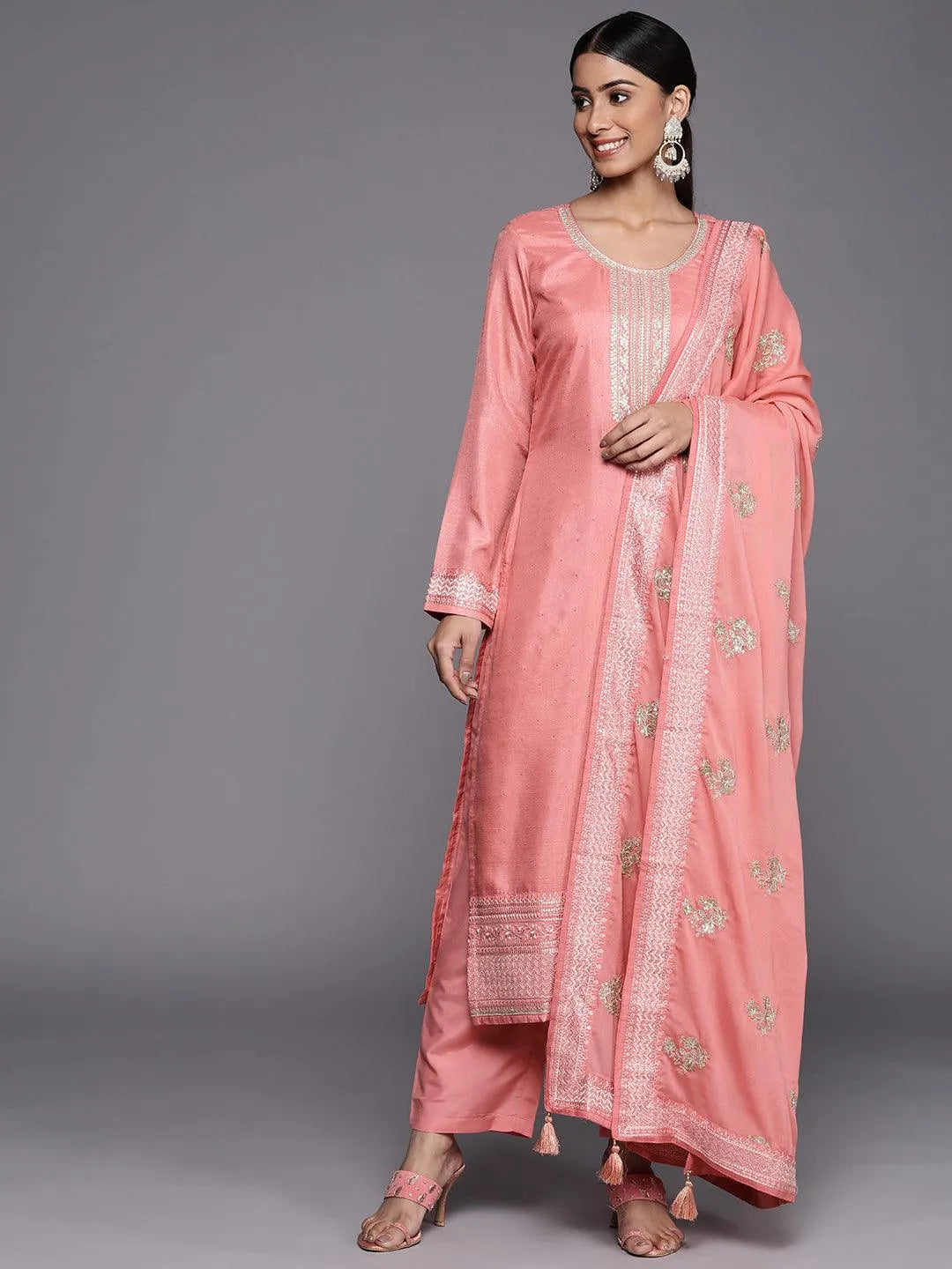 Peach Embroidered Silk Blend Straight Suit Set - Libas