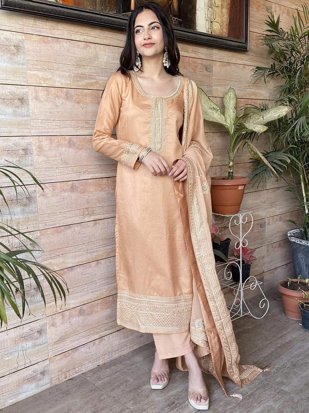 Peach Embroidered Silk Blend Straight Suit Set - Libas 