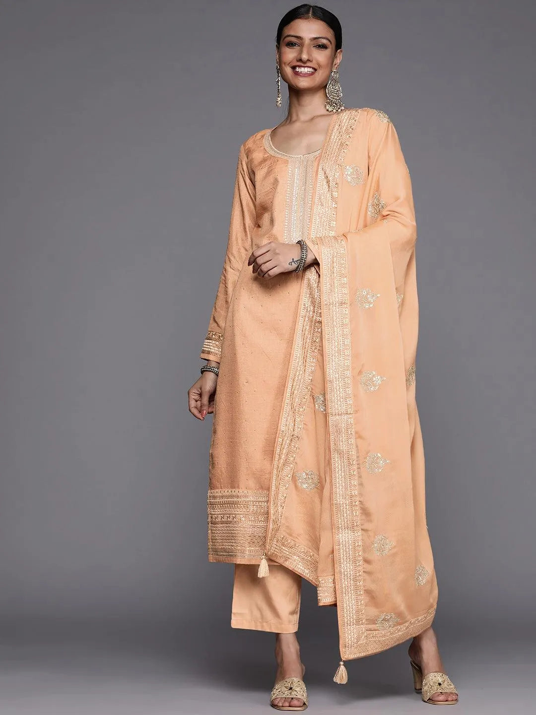 Peach Embroidered Silk Blend Straight Suit Set - Libas