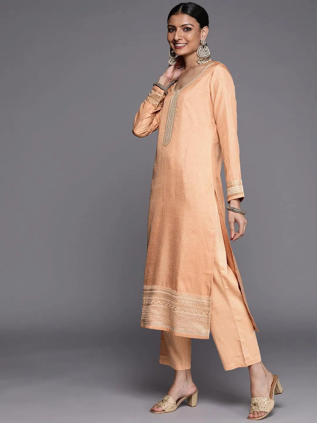 Peach Embroidered Silk Blend Straight Suit Set - Libas 