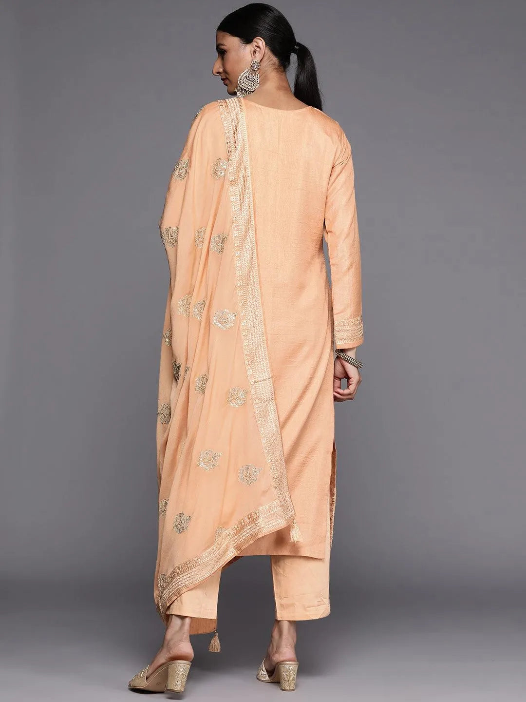 Peach Embroidered Silk Blend Straight Suit Set - Libas 