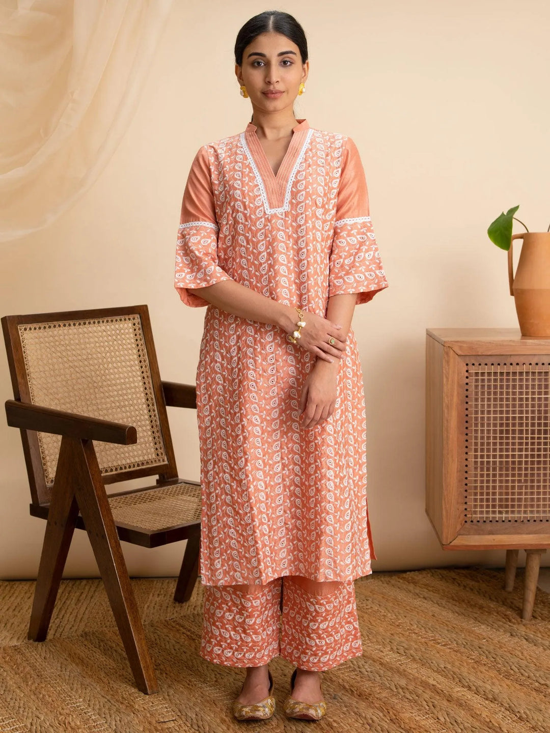 Peach Embroidered Silk Kurta - Libas