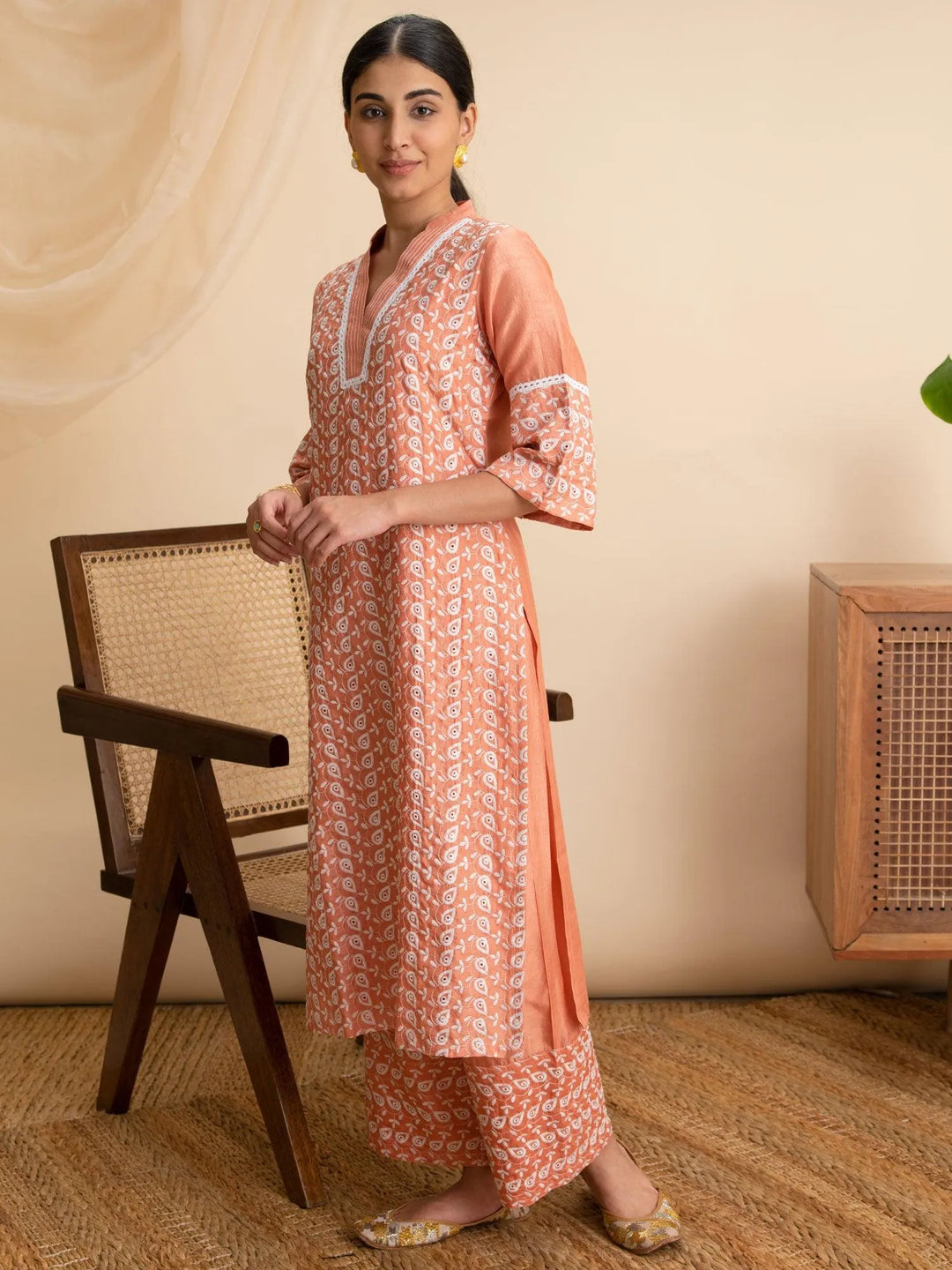 Peach Embroidered Silk Kurta - Libas 