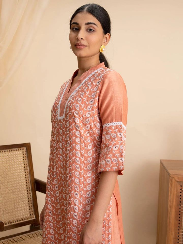 Peach Embroidered Silk Kurta - Libas