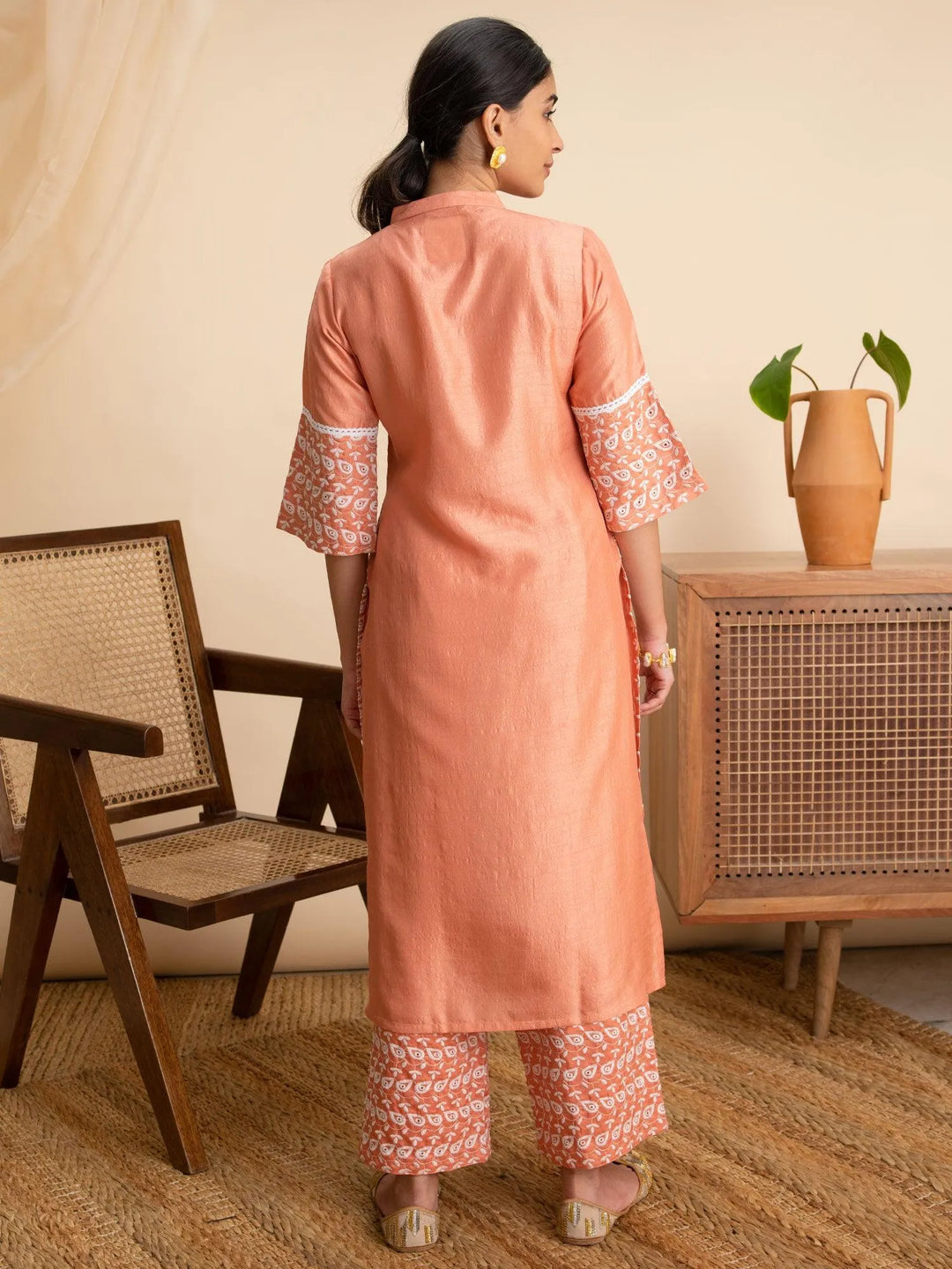 Peach Embroidered Silk Kurta - Libas