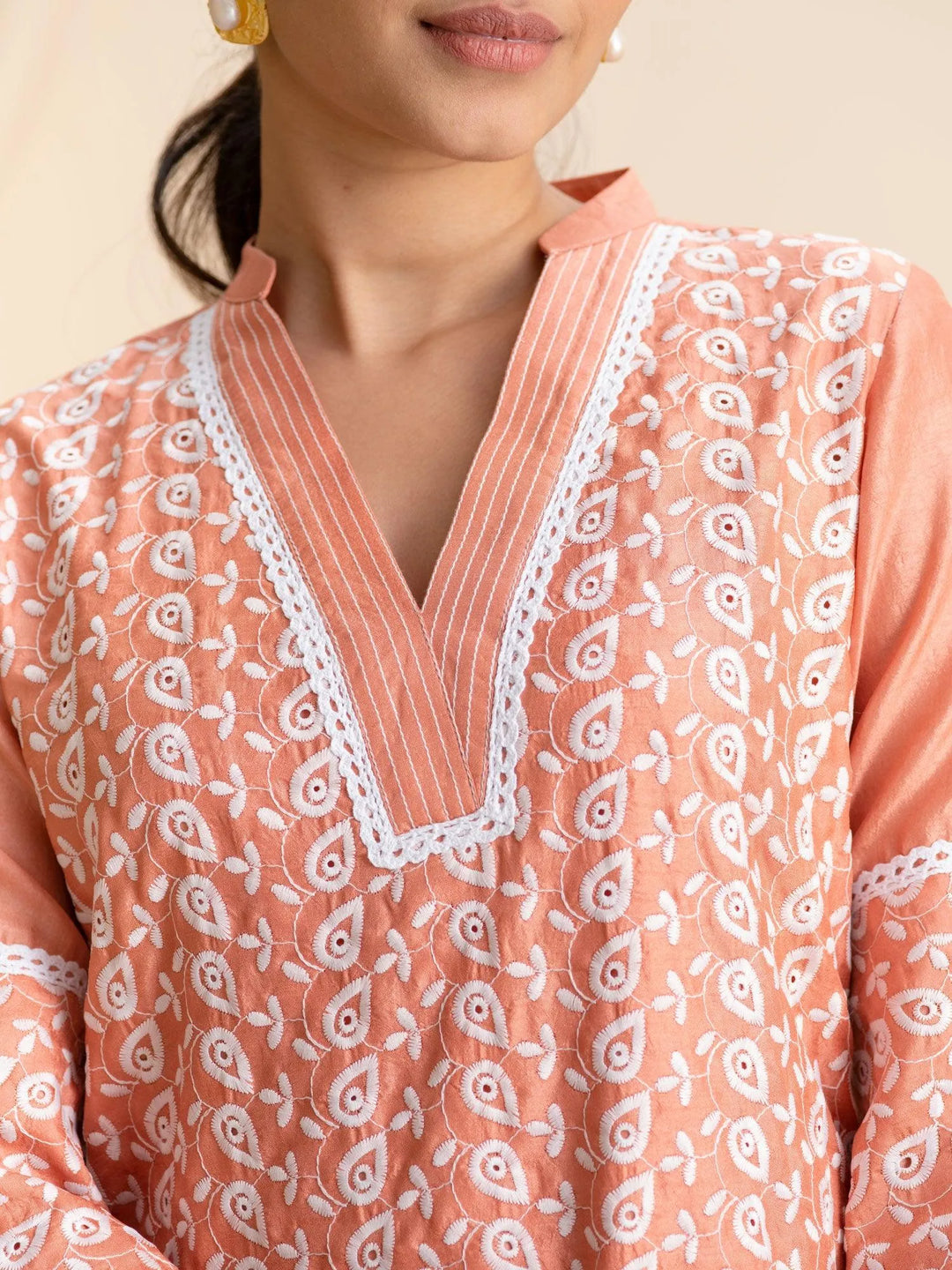 Peach Embroidered Silk Kurta - Libas