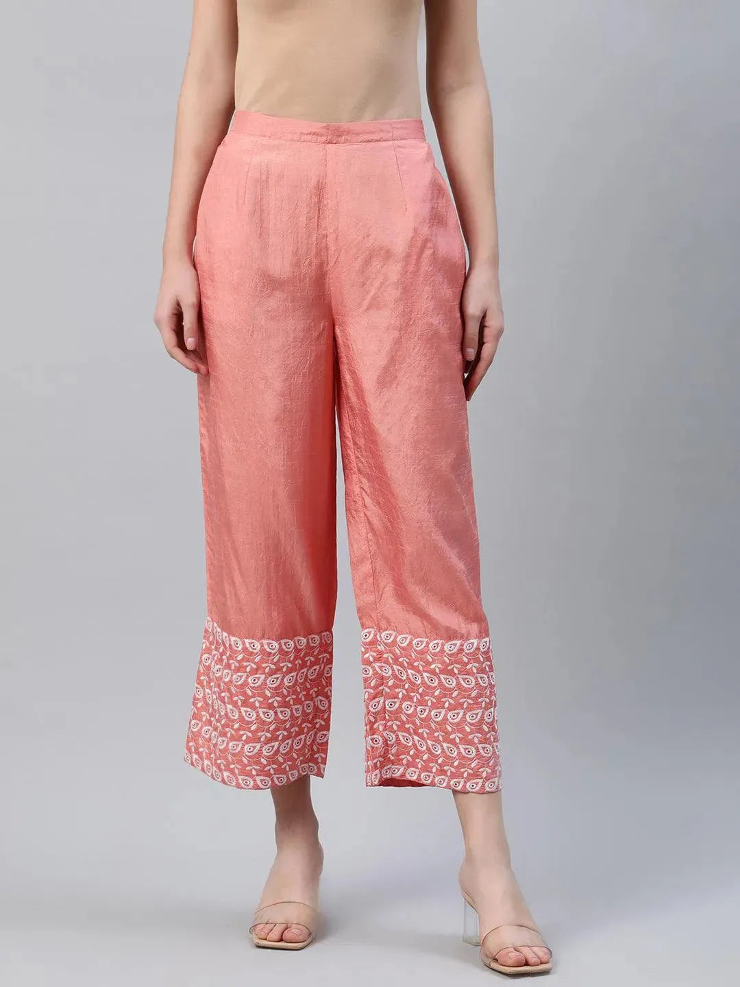 Peach Embroidered Silk Palazzos - Libas