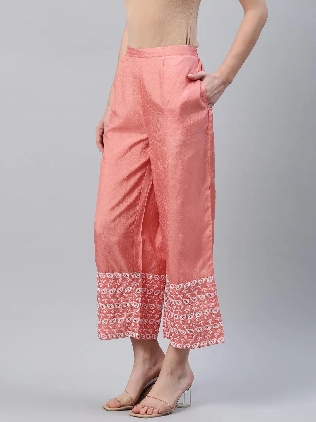 Peach Embroidered Silk Palazzos - Libas