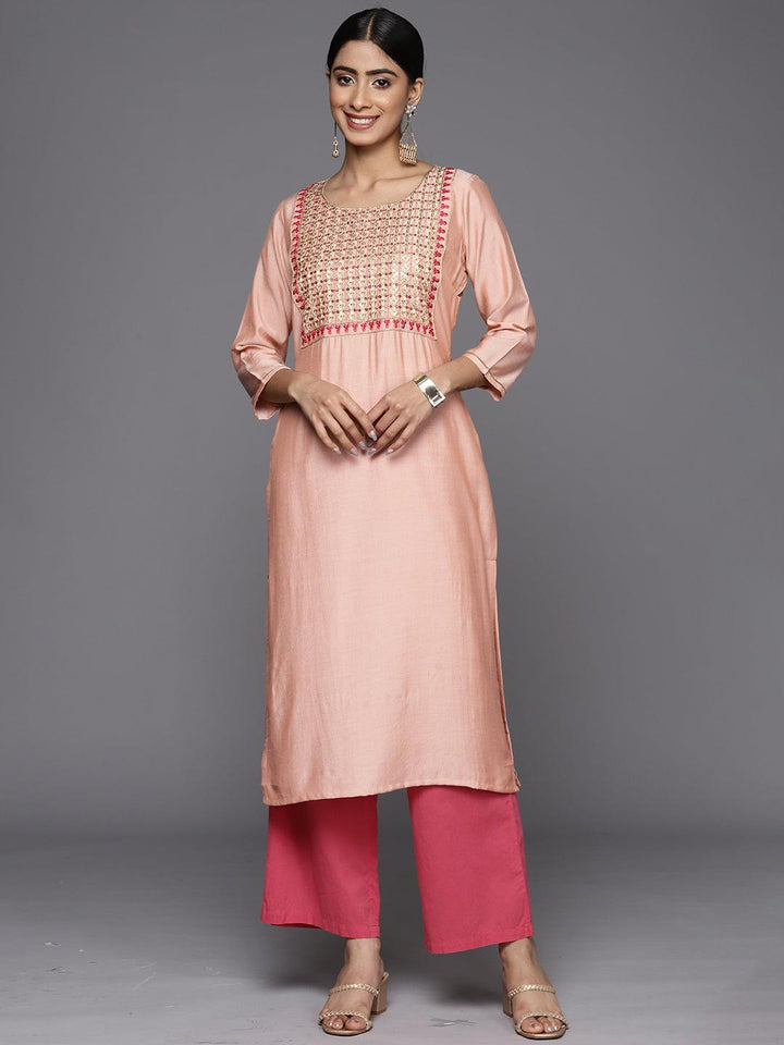 Peach Embroidered Silk Straight Kurta - Libas