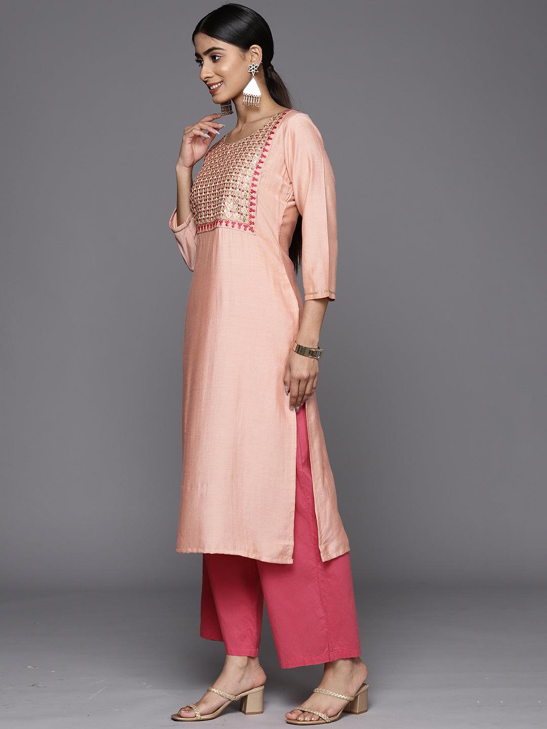 Peach Embroidered Silk Straight Kurta - Libas