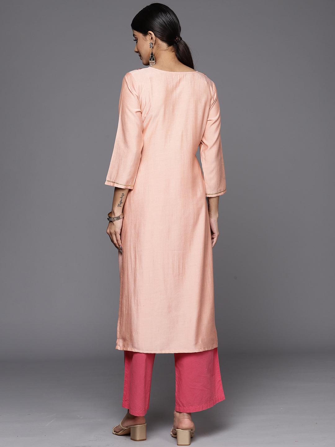 Peach Embroidered Silk Straight Kurta - Libas