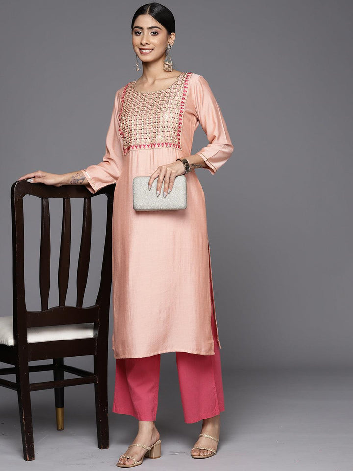 Peach Embroidered Silk Straight Kurta - Libas