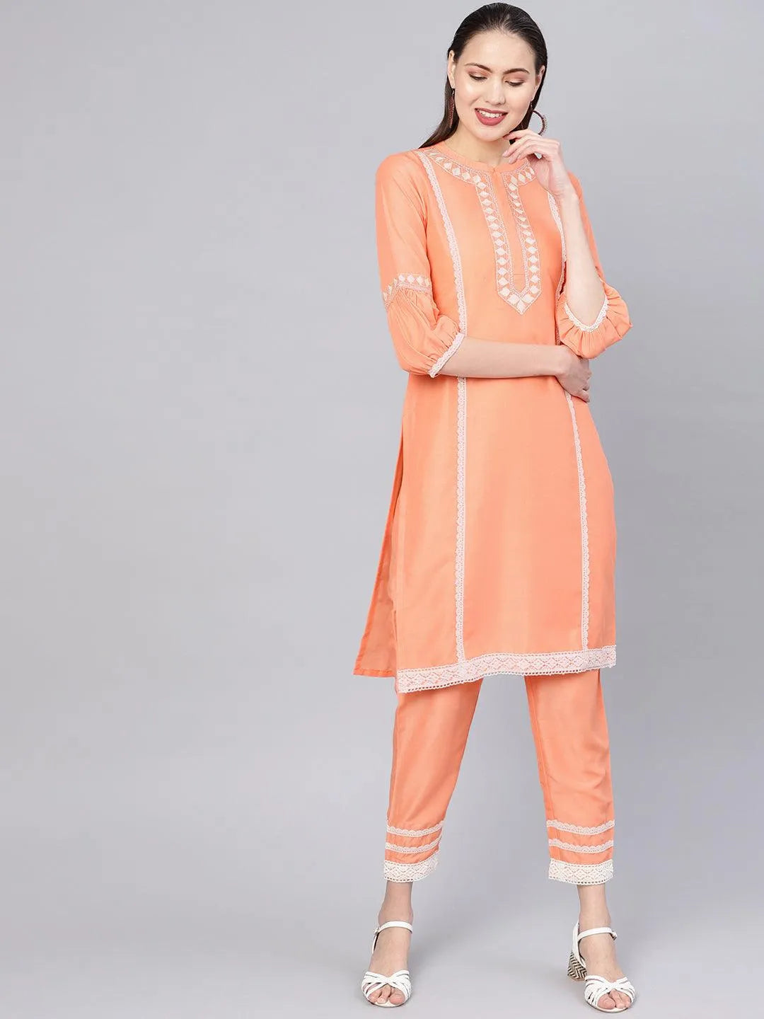 Peach Embroidered Silk Kurta Set - Libas