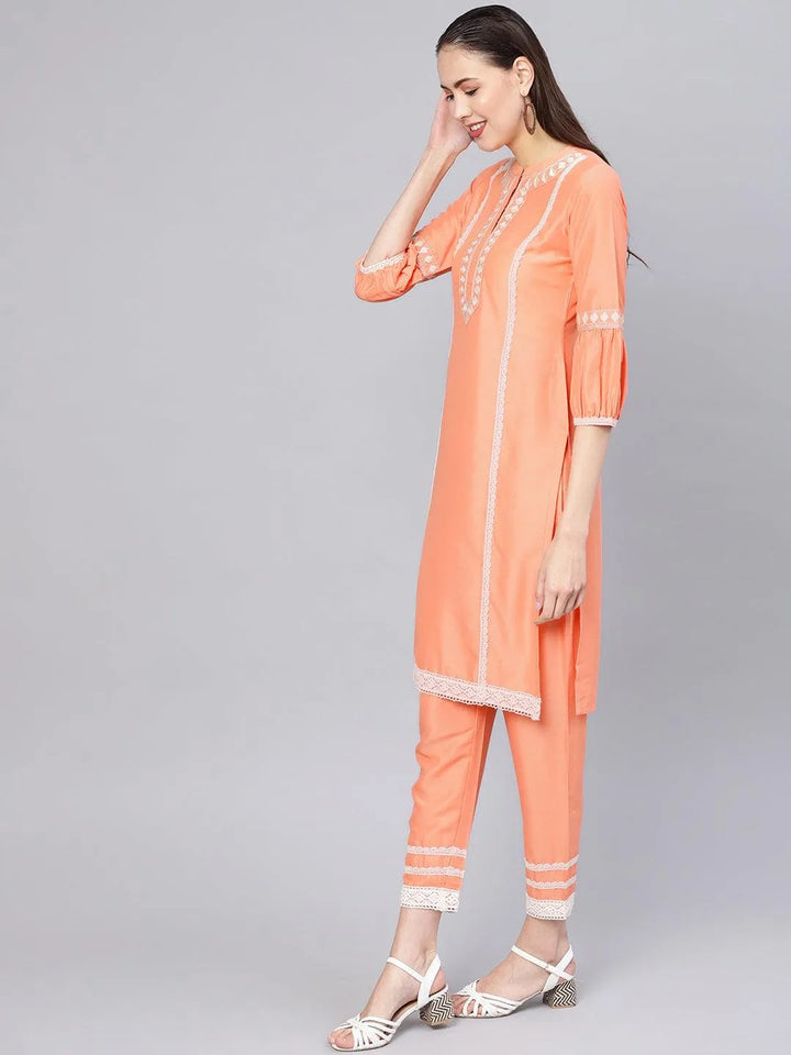 Peach Embroidered Silk Kurta Set - Libas