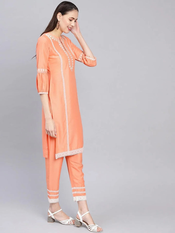 Peach Embroidered Silk Kurta Set - Libas