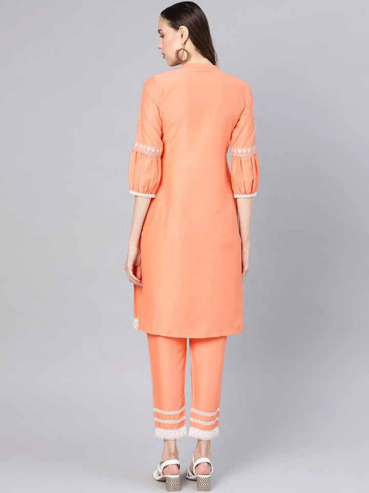 Peach Embroidered Silk Kurta Set - Libas