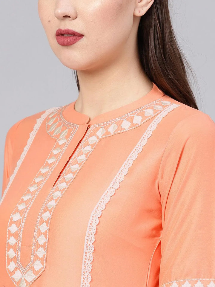 Peach Embroidered Silk Kurta Set - Libas