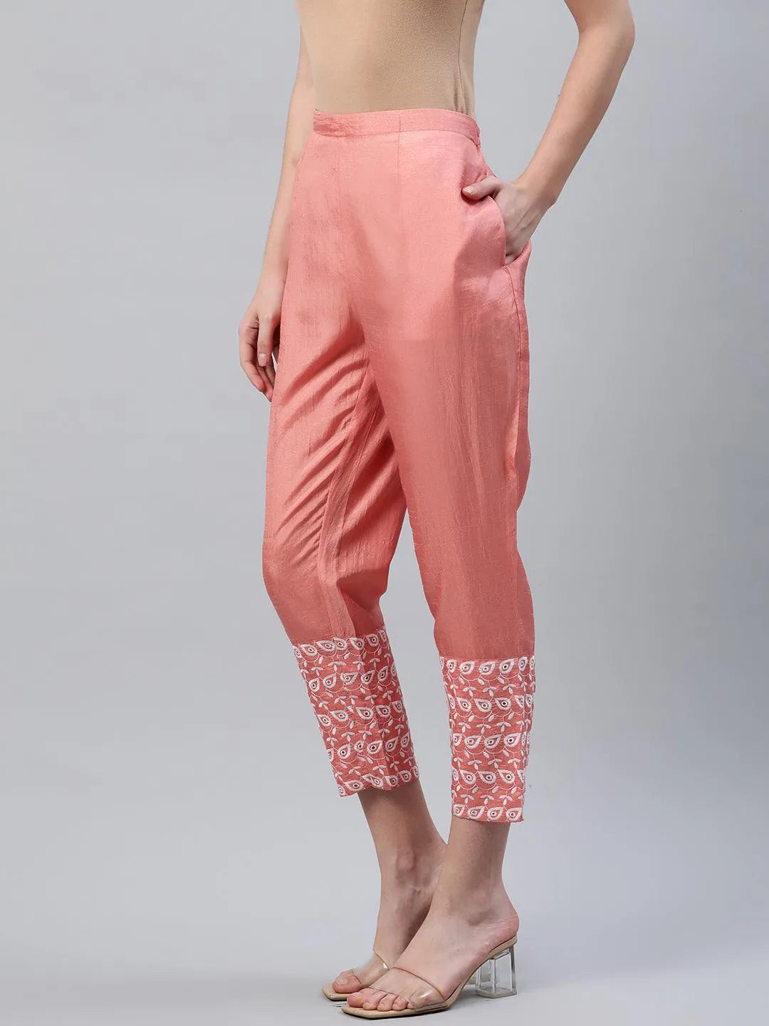 Peach Embroidered Silk Trousers - Libas 