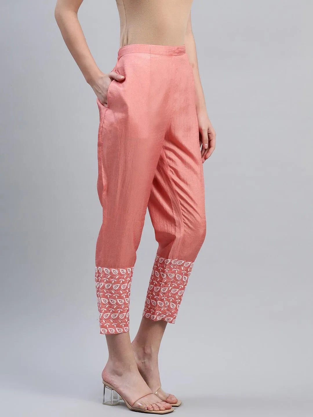 Peach Embroidered Silk Trousers - Libas 