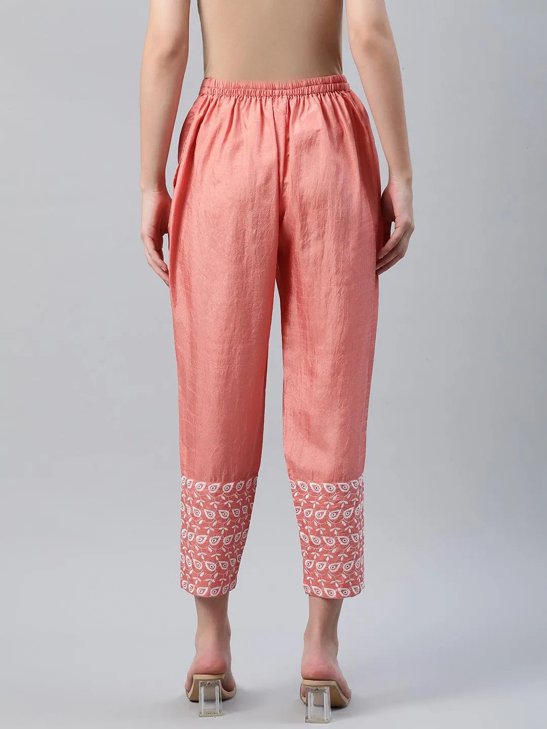 Peach Embroidered Silk Trousers - Libas 