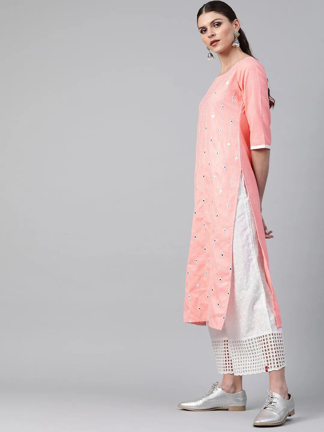 Peach Mirror Work Cotton Kurta - Libas 