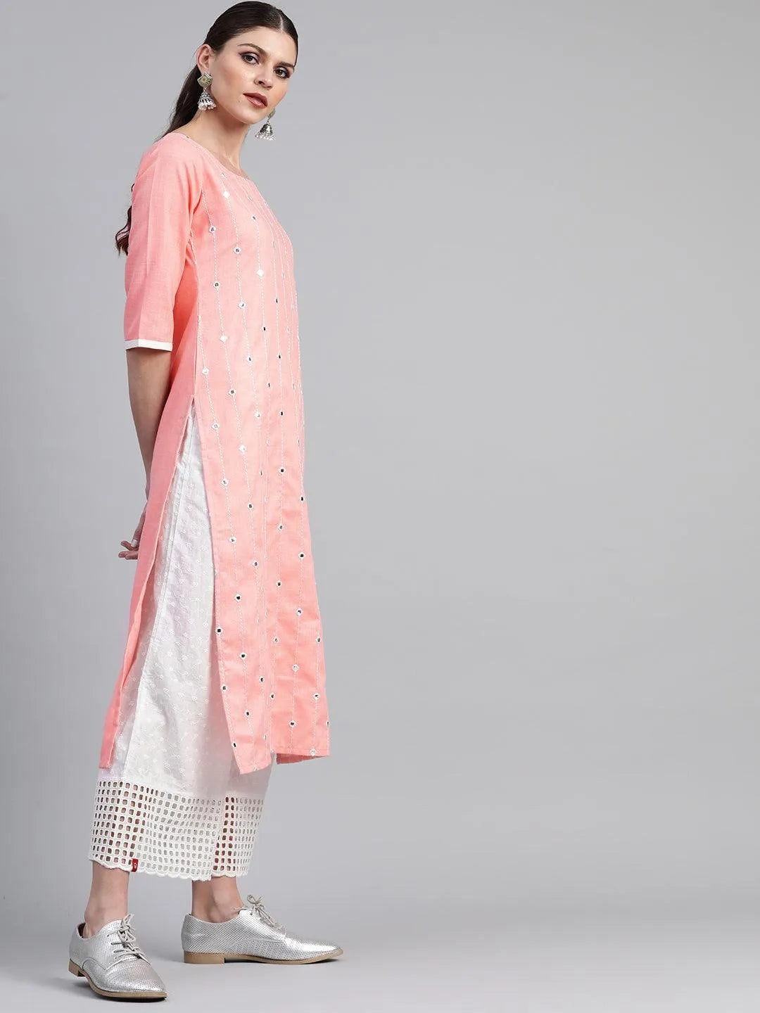 Peach Mirror Work Cotton Kurta - Libas 