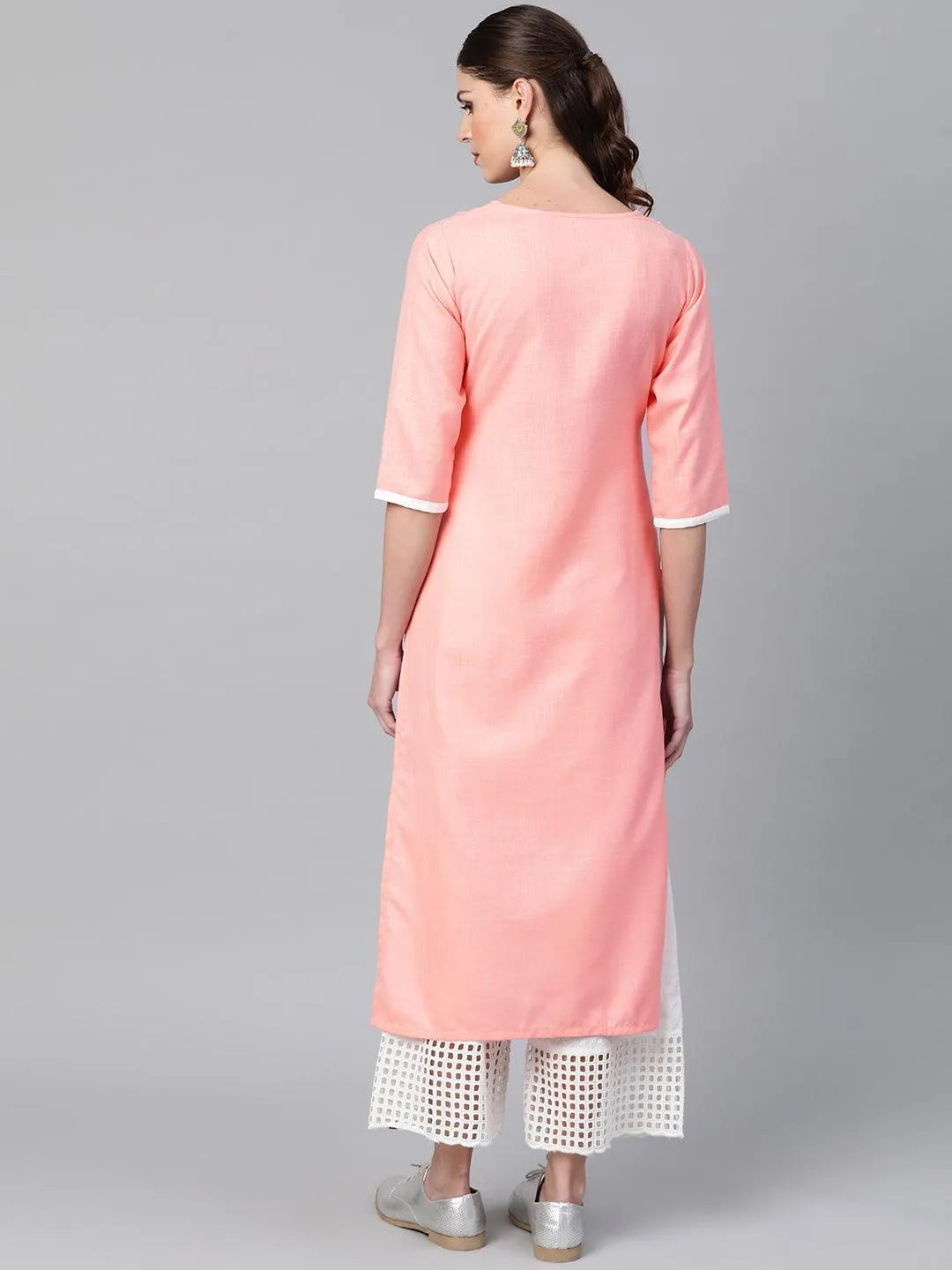 Peach Mirror Work Cotton Kurta - Libas