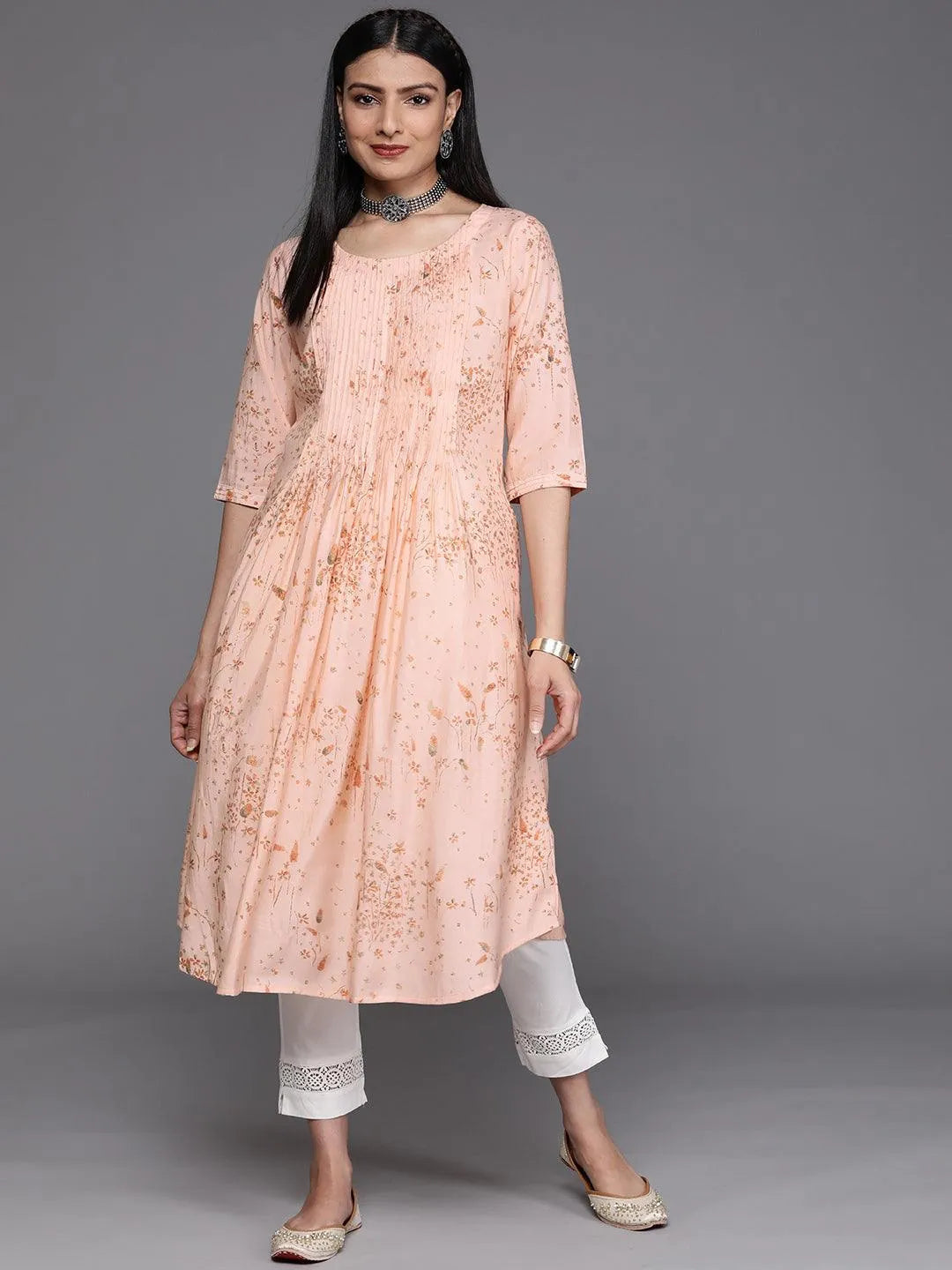 Peach Printed Chanderi Silk Kurta - Libas 