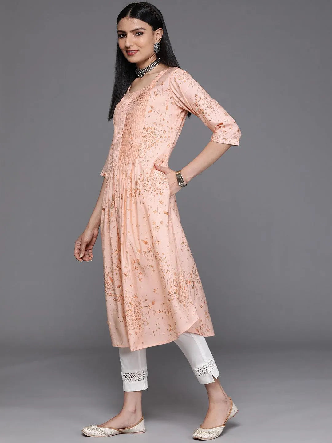 Peach Printed Chanderi Silk Kurta - Libas