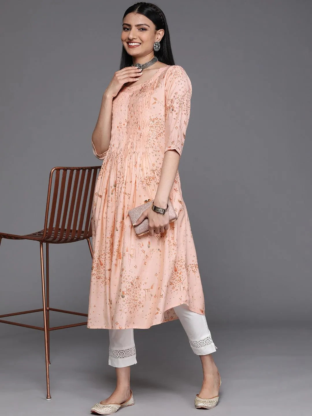 Peach Printed Chanderi Silk Kurta - Libas