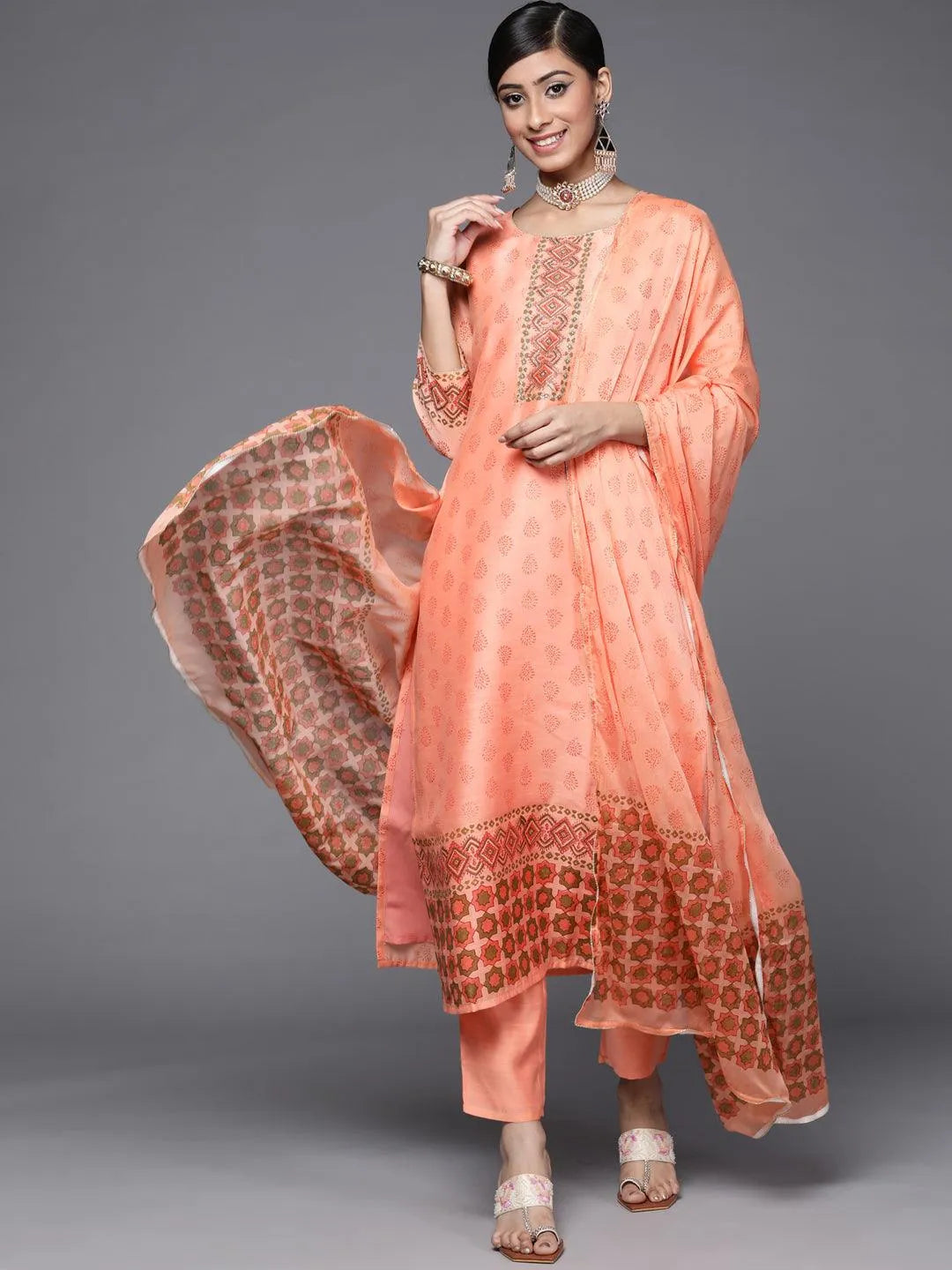 Peach Printed Chanderi Silk Suit Set - Libas